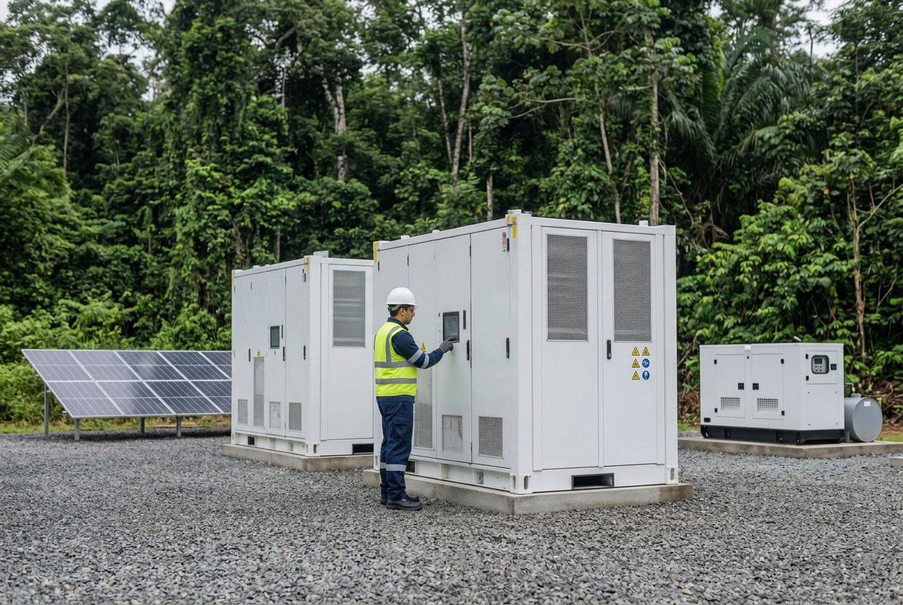 Configuração ilustrativa com BESS, geração solar e gerador em contexto tropical