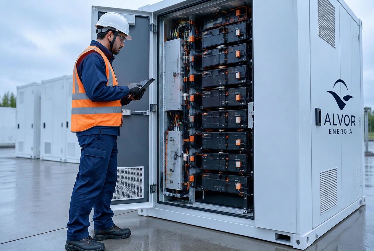 Engenheiro com EPI inspecionando gabinete de baterias Alvor BESS