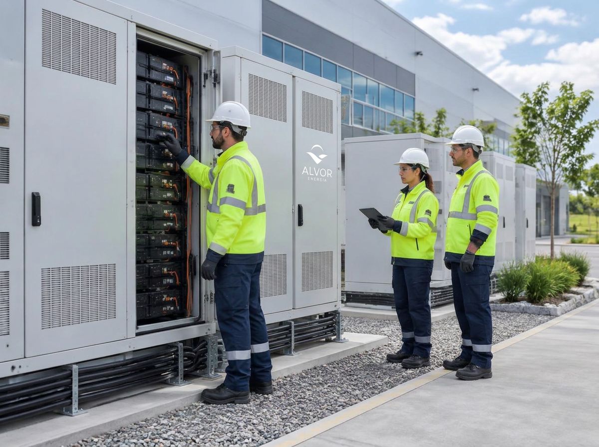 Engenheiros Alvor com EPI inspecionando gabinetes de baterias BESS