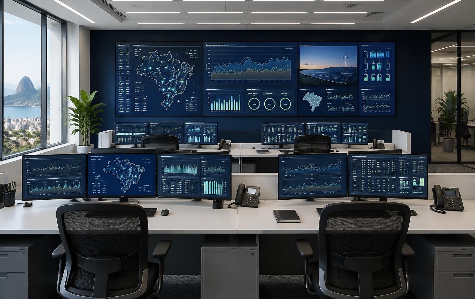 Ambiente ilustrativo de um centro de inteligência energética, com estações de controle e telas de monitoramento